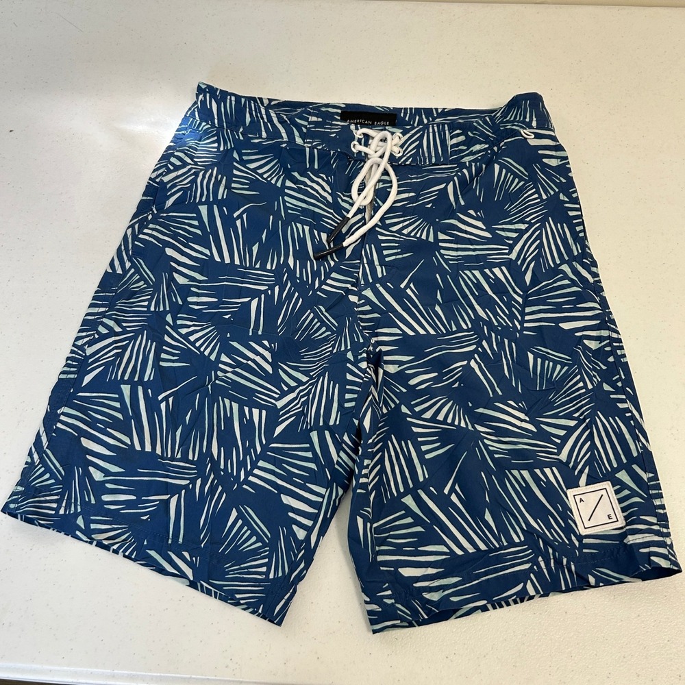 American Eagle Mens Board Shorts Blue Geometric Palm Print Swim Trunks Small